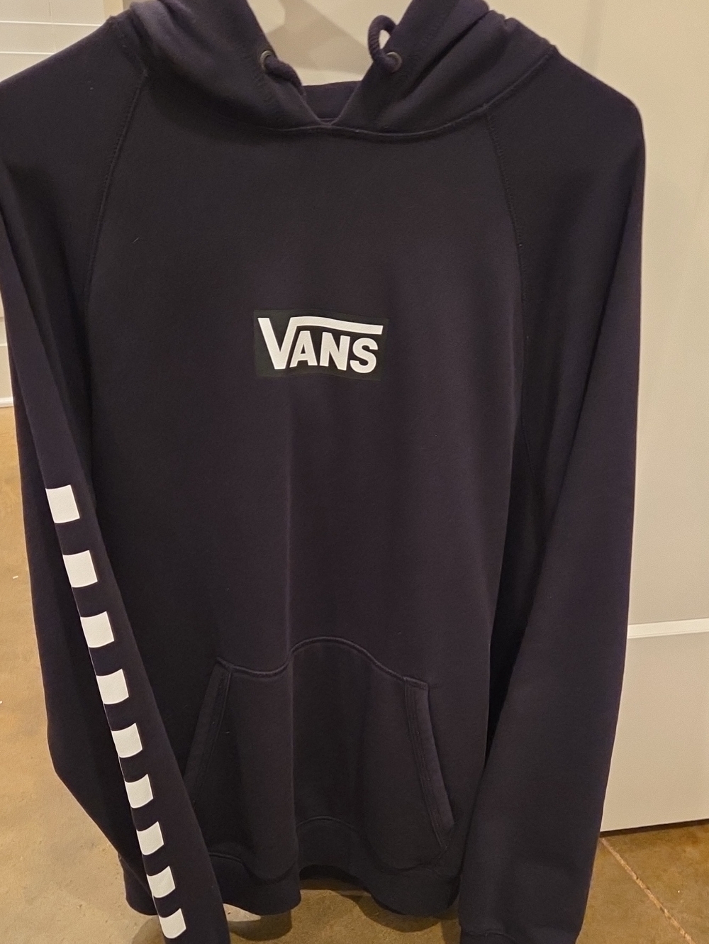 Vans Black Pullover Hoodie with White Logo and Checker Sleeve